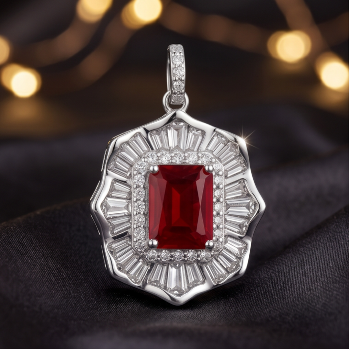 Art deco - Natural 0.4 carat Mozambique Ruby .925 Sterling Silver Handcrafted Pendant - Close-up of art deco sterling silver pendant with ruby and diamonds.