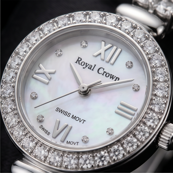 Precious 45.8 carat natural White Topaz .925 Sterling Silver handmade Bracelet - Watch - Close-up of watch face with diamond bezel and Roman numerals.