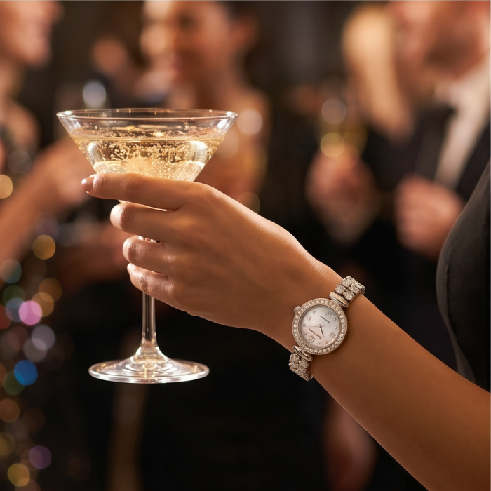 Precious 45.8 carat natural White Topaz .925 Sterling Silver handmade Bracelet - Watch - Watch with white topaz worn on wrist, holding champagne glass