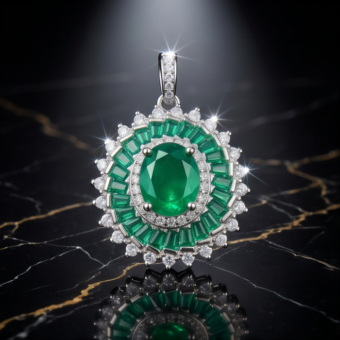 Art deco - Natural 3.1 carat Colombian Emerald .925 Sterling Silver Handcrafted pendant - Emerald pendant close-up on black marble background