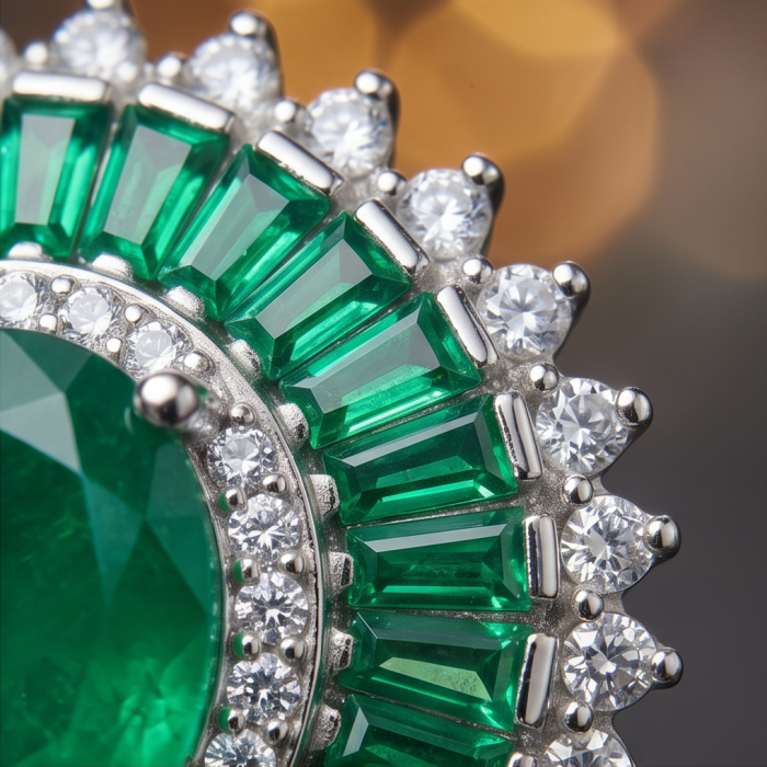Art deco - Natural 3.1 carat Colombian Emerald .925 Sterling Silver Handcrafted pendant - Stone close-up of art deco emerald and diamond ring in sterling silver.