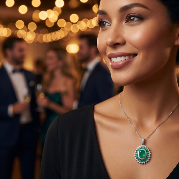 Art deco - Natural 3.1 carat Colombian Emerald .925 Sterling Silver Handcrafted pendant - Woman wearing 3.1 carat Colombian Emerald pendant at an elegant event.
