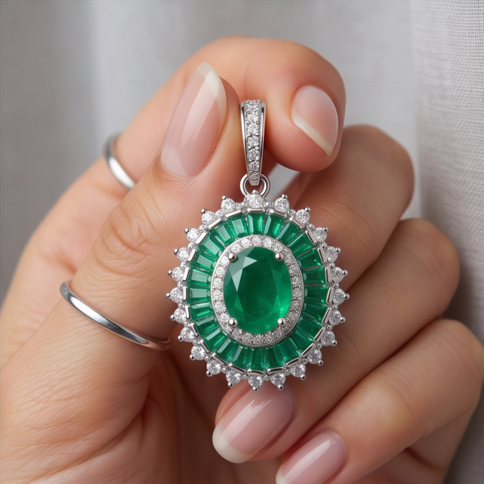 Art deco - Natural 3.1 carat Colombian Emerald .925 Sterling Silver Handcrafted pendant - Emerald pendant close-up, held in hand with detailed view of setting