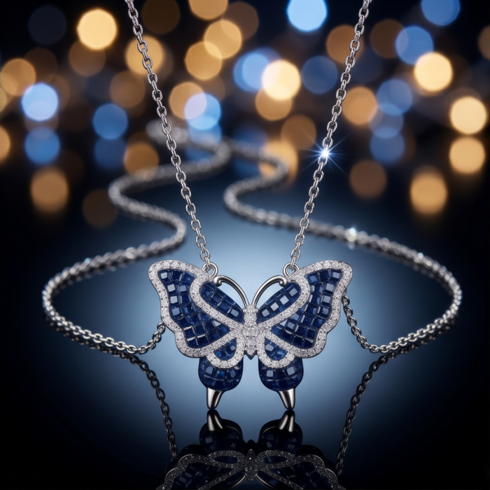 Precious Blue Butterfly mystery setting 14.2 carat natural Sapphire .925 Sterling Silver Necklace - Butterfly necklace with blue stones, front view with bokeh background.
