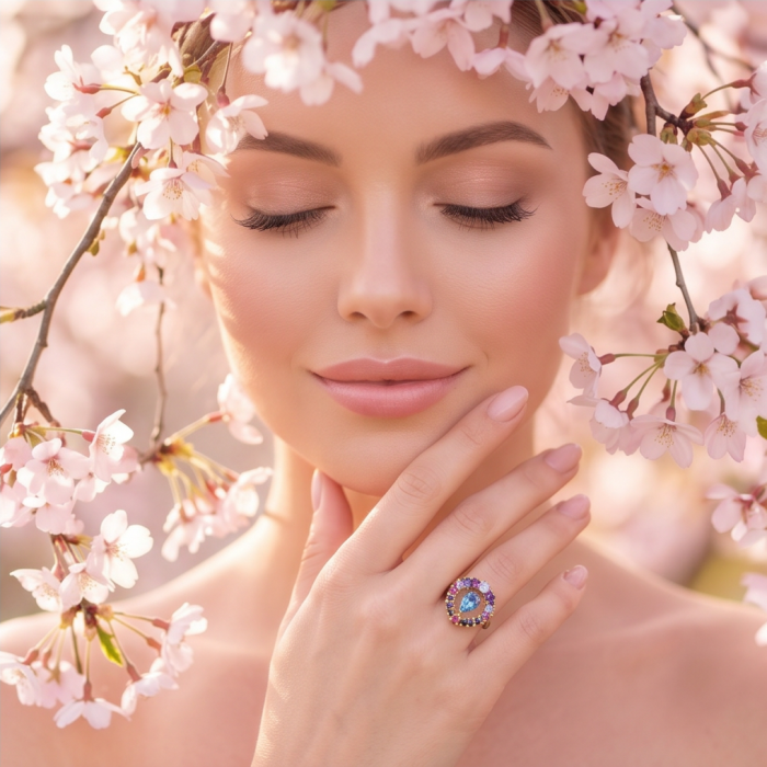Love is Forever 3.8 carat Sapphire black rhodium over .925 Sterling Silver handcrafted Cocktail Ring s. 6 - Woman wearing "Love is Forever" ring, surrounded by cherry blossoms.