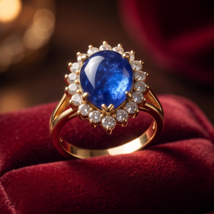Precious Design pear cut 19.5 CARAT Tanzanite 22K Gold over .925 Sterling Silver Statement Ring s. 7 - Tanzanite ring close-up with diamonds in gold, on red velvet backdrop.