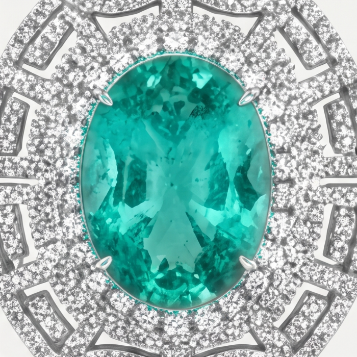 Colombian Briliance - oval cut 22.7 carat Emerald .925 Sterling Silver handcrafted necklace - Close-up of oval cut 22.7 carat emerald ring with diamond accents