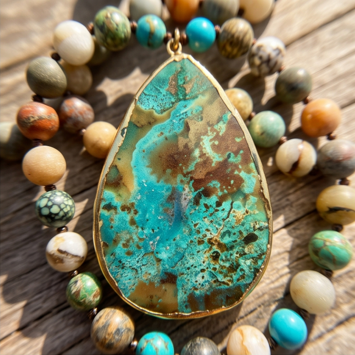 Boho Style - Great quality Chrysocolla .925 Sterling Silver handcrafted Necklace - Chrysocolla stone close-up on beaded necklace, boho style.
