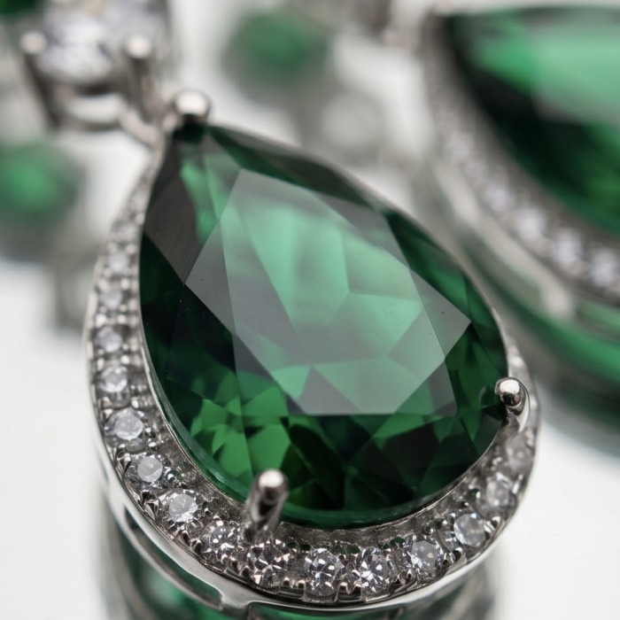 Tiffany - Authentic 15.5 CARAT Siberian Chrome Diopside rhodium over .925 Sterling Silver handcrafted earrings - Close-up of emerald-cut Siberian Chrome Diopside with diamond accents