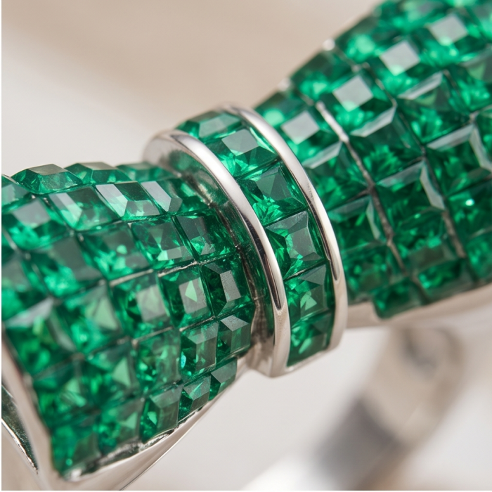 Precious Emerald bow- mystery setting authentic 16.2 carat Emerald .925 Sterling Silver Eternity Ring size 6 3/4 - Close-up of emerald bow jewelry with mystery setting.