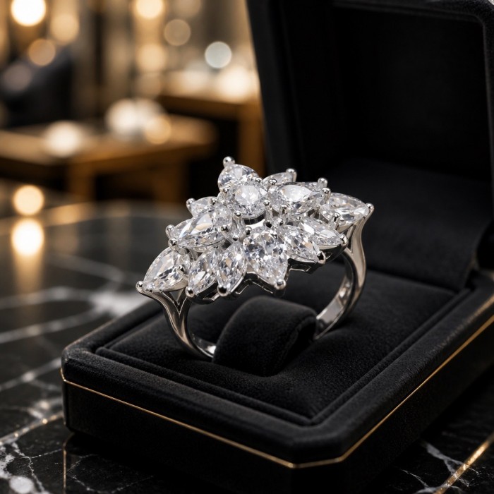 Polar Star - 14.7 carat White Topaz .925 Sterling Silver handcrafted Soild ring size 8 - Close-up of Polar Star ring with white topaz in a display box.
