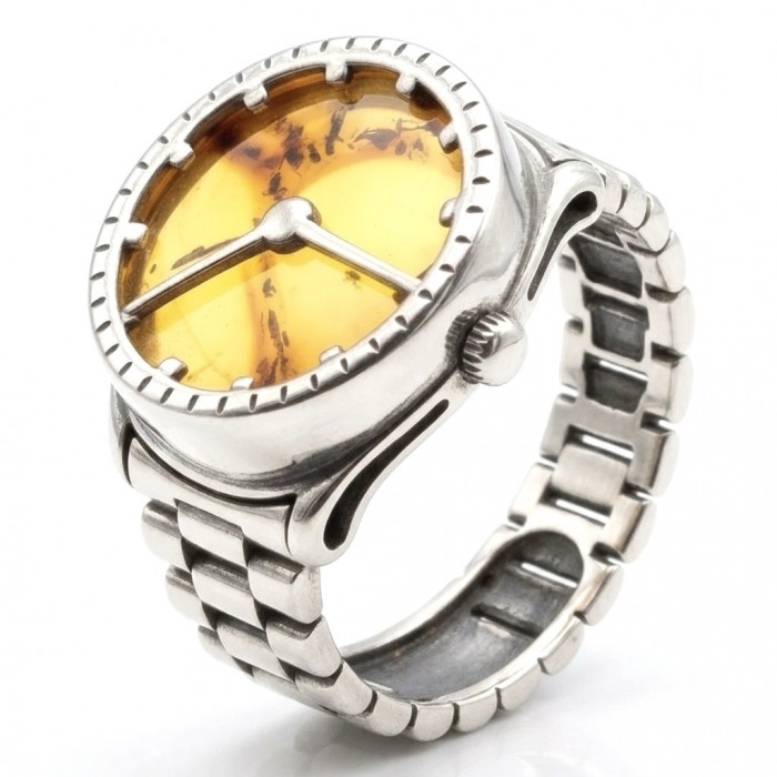 It's 4 O'Clock Somewhere Watch Authentic Baltic Amber .925 Sterling Silver handcrafted ring; s. 7 adjustable - Side view of It's 4 O'Clock Somewhere watch with Baltic amber face