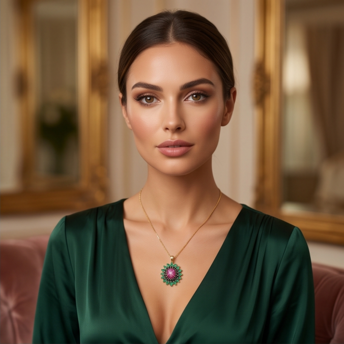Carmen - authentic 22.5 carat Star Ruby 18K Gold over .925 Sterling Silver handcrafted Pendant - Star Ruby pendant on model, front view, 18K gold over .925 silver.
