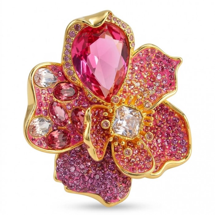 Cherry Blossom 37.5 carat Pink Amethyst 14K Gold over .925 Silver handcrafted Cocktail Ring s. 7 - Close-up of Cherry Blossom brooch with pink amethyst, gold setting.