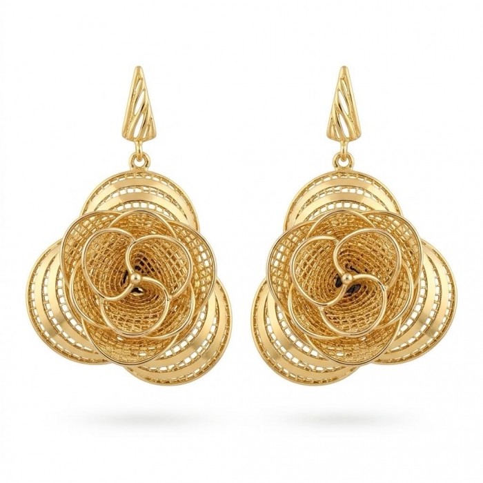 Dubai Style - .925 Sterling Silver dipped in 22K Gold handmade Earrings - Gold ornamental flower earrings, front view.