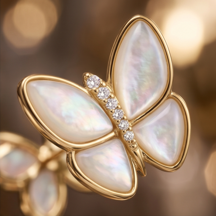 Two Butterflies Genuine Blister Pearl .925 Sterling Silver handcrafted Statement Earrings - Close-up of butterfly design with pearl and diamond detail.