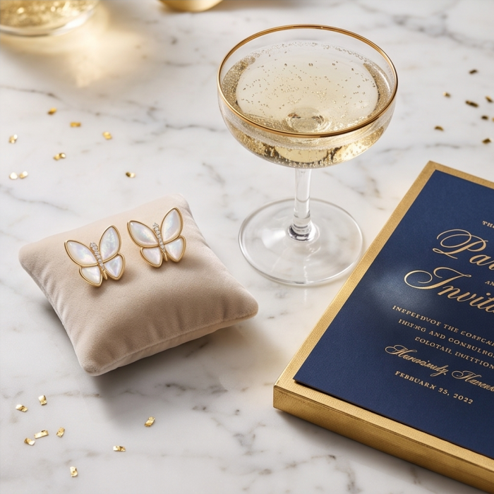 Two Butterflies Genuine Blister Pearl .925 Sterling Silver handcrafted Statement Earrings - Butterfly pearl earrings on cushion, champagne glass, and invitation nearby.
