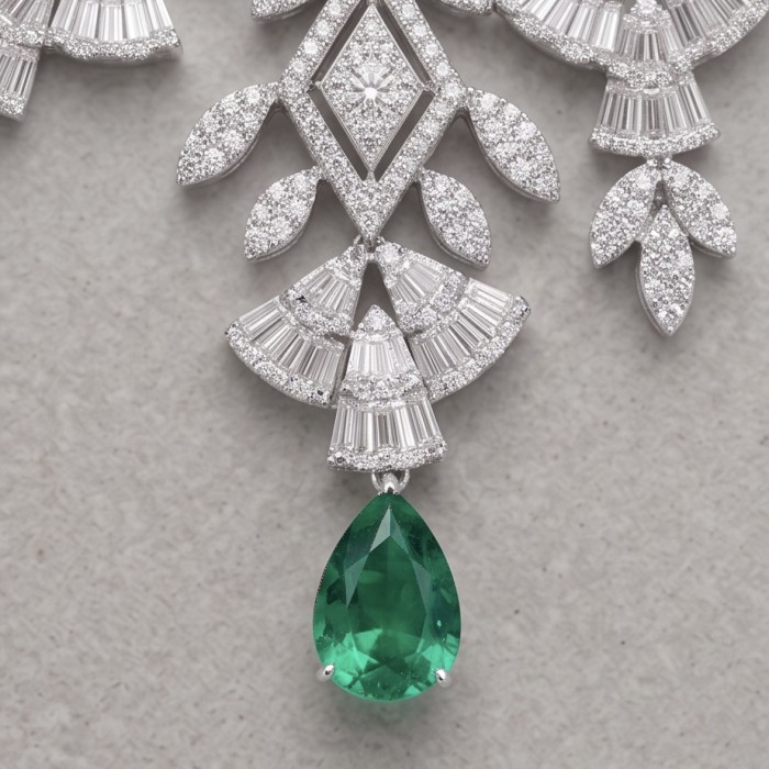 Giovanna - Authentic 4.4 carat COLOMBIAN EMERALD .925 Sterling Silver handcrafted necklace - Close-up of the Giovanna necklace with emerald and diamond details.