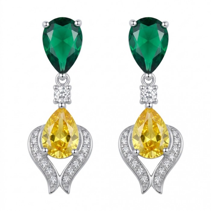 6.8 carat pearl cut Topaz rhodium over .925 Sterling Silver Handcrafted Statement earrings - Front view of pearl cut topaz earrings in sterling silver setting.
