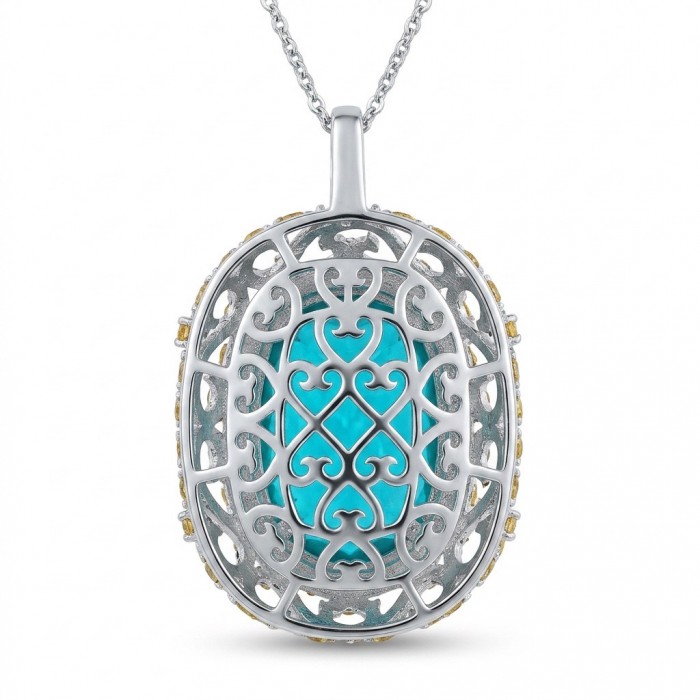 PARADISE FOUND Authentic baquette 44.7 carat Paraiba Tourmaline rhodium over .925 Sterling Silver handmade STATEMENT necklace - Intricate pendant with Paraiba Tourmaline, front view.