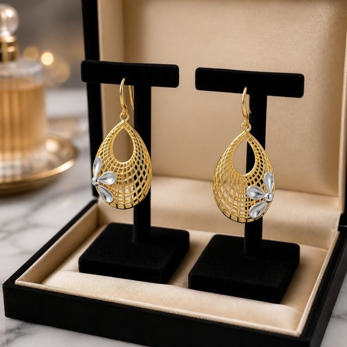 Dubai Style - Silver Flowers - .925 Sterling Silver dipped in 22K Gold handmade Large Earrings - Dubai Style earrings with silver flowers, front view in display box