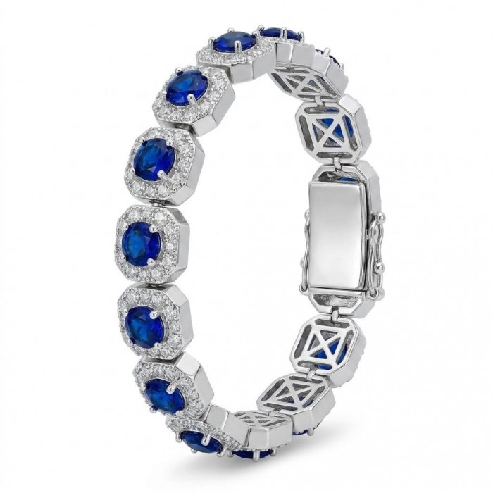 Beauty of Nature - natural 22.5 carat Sapphire .925 Sterling Silver handmade Statement Bracelet - Side view of bracelet with blue sapphires and sterling silver detailing