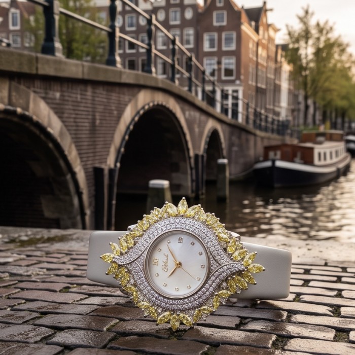 Precious 10.5 carat Authentic yellow Sapphire Genuine Leather strap .925 Sterling Silver handmade Watch - Watch with yellow sapphires on cobblestone by a bridge, front view.