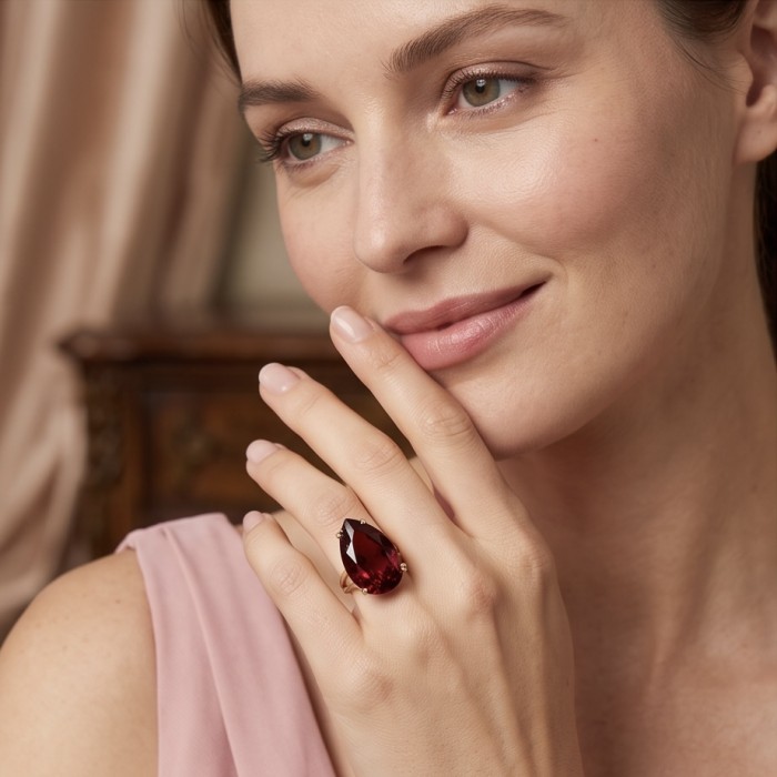 Carmen Natural 25.4 carat Ruby .925 Sterling Silver dipped in 22K Gold handmade Large Statement Ring size 8 - Ruby ring worn on hand close-up, showcasing 25.4 carat stone.