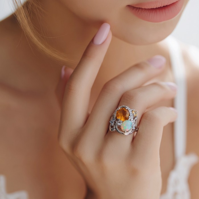 Giovanna 8.9 carat Brazilian Citrine 4.2 carat Australian Fire Opal .925 Sterling Silver dipped in rhodium handcrafted ring; s. 8 - Close-up of ring with Brazilian Citrine and Australian Opal worn on hand.