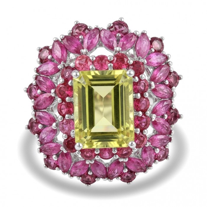 Francesca Authentic 8.9 carat Brazilian Citrine Mozambique Ruby .925 Sterling Silver brilliantly handcrafted Statement Statement ring; s. 8 3/4 - Close-up of a Brazilian citrine and Mozambique ruby ring.