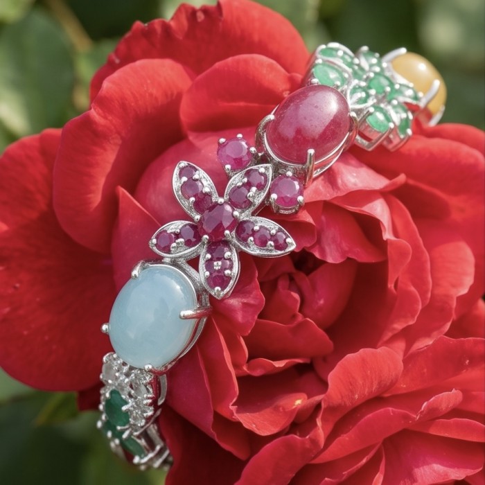 Isabella - Beauty of Nature natural 85.5 carat Ruby Green Tourmaline Rhodium over .925 Sterling Silver handmade Statement bracelet - Close-up of Isabella bracelet on a red rose displaying gemstones.