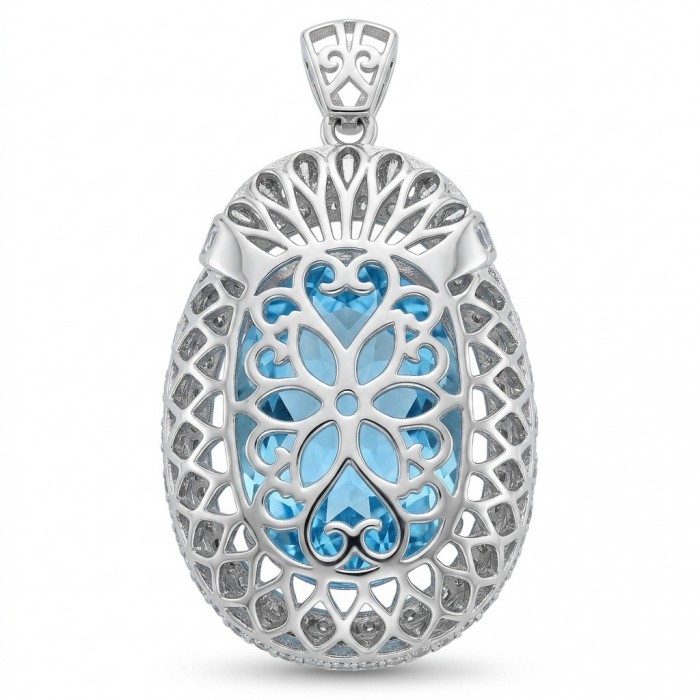 Atlantica - Oval cut 51.5 carat Vintage style Swiss Blue Topaz .925 Sterling Silver DIPPED IN RHODIUM handmade Pendant - Vintage style Swiss Blue Topaz pendant, front view.