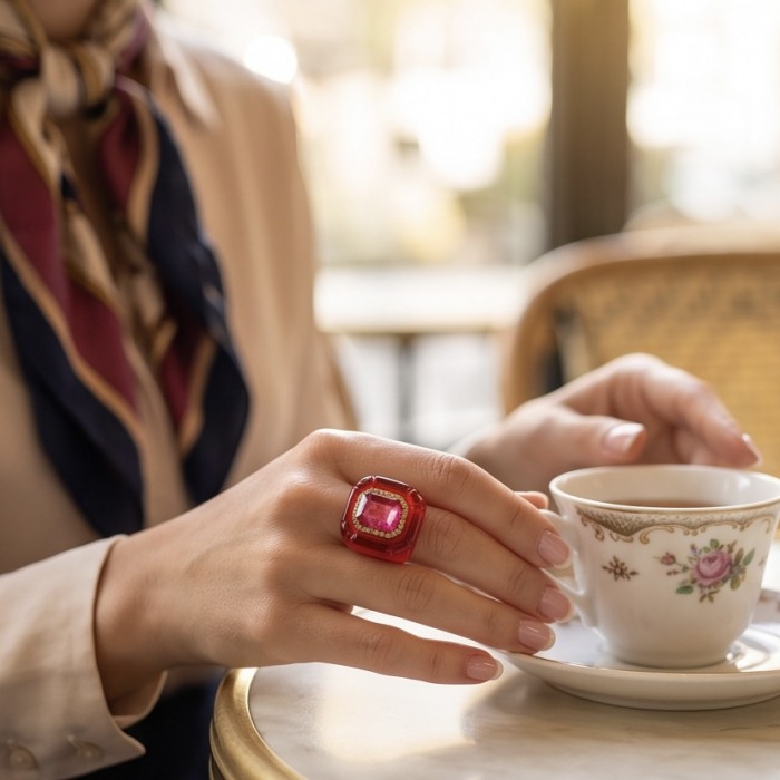 Candy Store - Modern Design Natural Red Raisin Pink Topaz .925 Sterling Silver ring size 7 3/4 - Red raisin pink topaz ring worn on hand, holding a teacup.