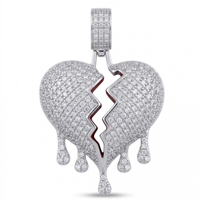 Melting Heart Luxurious 12.4 carat White Topaz .925 Sterling Silver handcrafted pendant - Melting heart pendant encrusted with white topaz, frontal view.