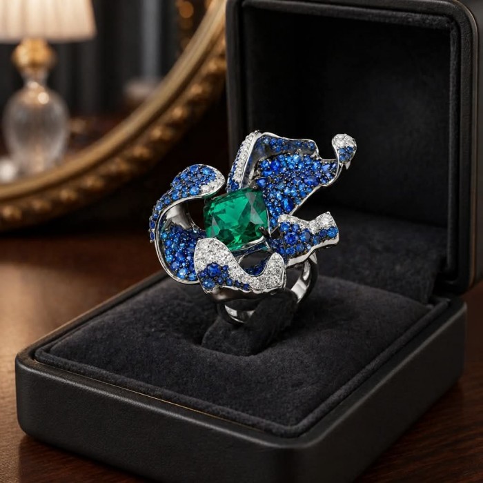 Wild Flower 55.2 carat authentic Colombian Emerald Sapphire .925 Sterling Silver handcrafted Statement Ring size 6 - Wild Flower ring with emerald and sapphires in open box on table.