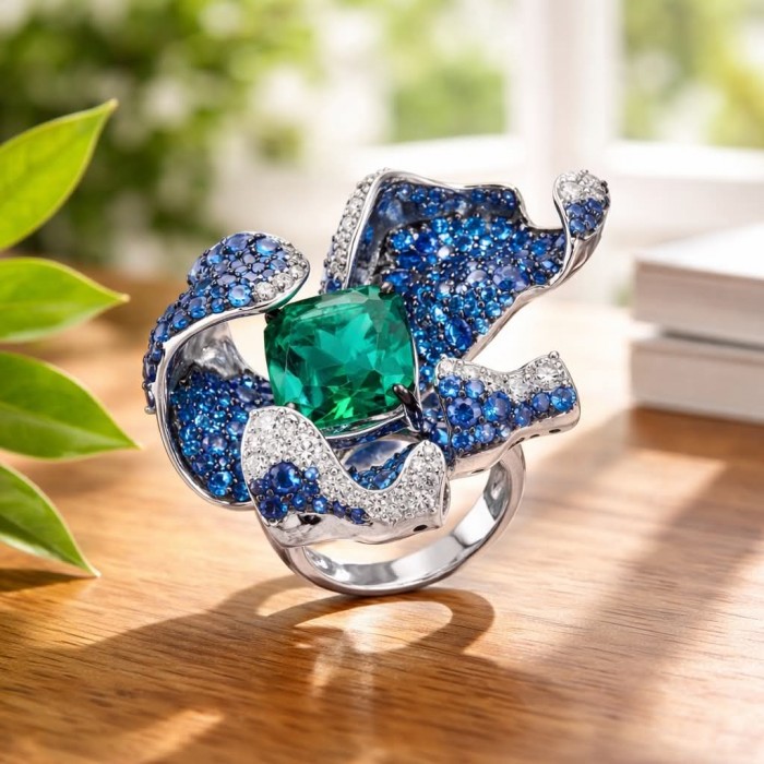 Wild Flower 55.2 carat authentic Colombian Emerald Sapphire .925 Sterling Silver handcrafted Statement Ring size 6 - Close-up of Wild Flower ring with emerald and sapphire detailing