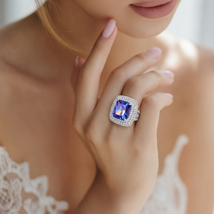 Emily asscher cut 10.7 carat Tanzanite .925 Sterling Silver handmade Statement ring size 6 - Close-up of 10.7 carat Tanzanite ring worn on hand.
