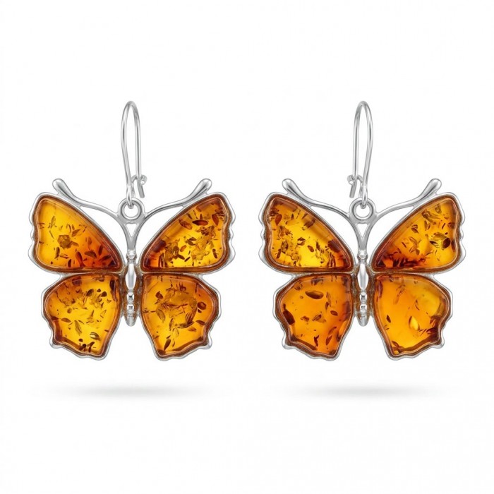 Golden Butterflies carved Baltic Polish Amber .925 Sterling Silver earrings - Golden butterfly amber earrings, front view, sterling silver.