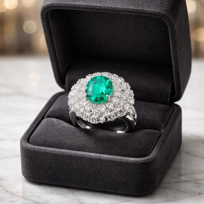 Elizabeth 4.8 carat Colombian Emerald .925 Sterling Silver dipped in Rhodium handcrafted Ring size 7 1/2 - Emerald and diamond ring in a box, front view