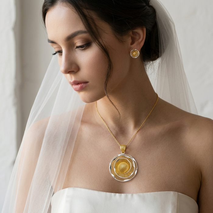 Dubai Style - Golden Rose .925 Sterling Silver dipped in 22K Gold handmade Pendant - Bride wearing Dubai Style Golden Rose necklace and earrings, side view