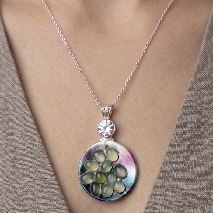 Large 3 1/2 inches long Rainbow Abalone Prehnite Silver Tone handcrafted Pendant - photo 1