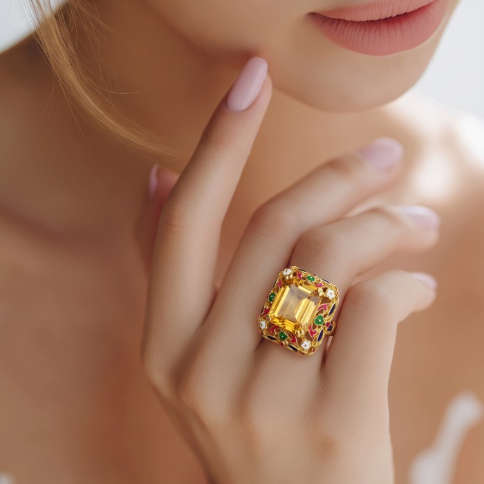 Esperanza - Luxurious 18.2 Lemon Quartz Enamel 22K Gold over .925 Sterling Silver handmade ring size 6 - Luxurious lemon quartz ring worn on hand, close-up view.