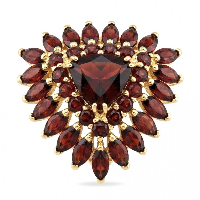 Giovanna trillion cut 22.5 carat Garnet 22K Gold over .925 Sterling Silver handcrafted ring size 7 - Heart-shaped garnet brooch in 22K gold, top view.