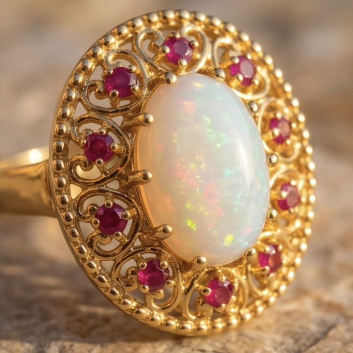 Endless Ocean Genuine 14.5 carat doublet Australian Opal 18K Gold over .925 Sterling Silver handmade Ring size 9 - Close-up of opal ring with red gemstones and ornate gold setting