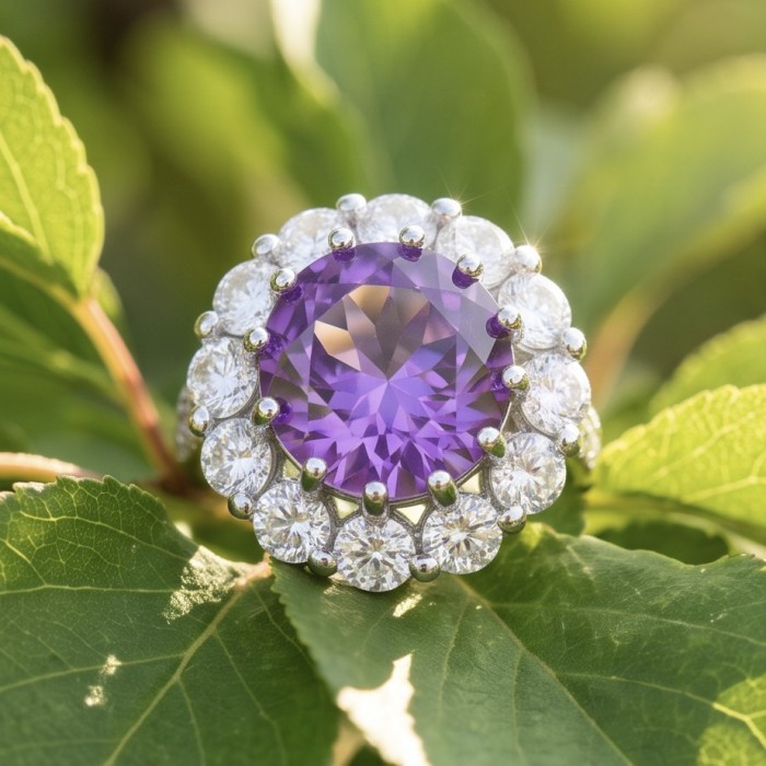 Born to Glam 8.2 carat natural Amethyst .925 Sterling Silver dipped in rhodium Perfectly handcrafted Ring s. 7 - Close-up of Born to Glam amethyst ring on leaves