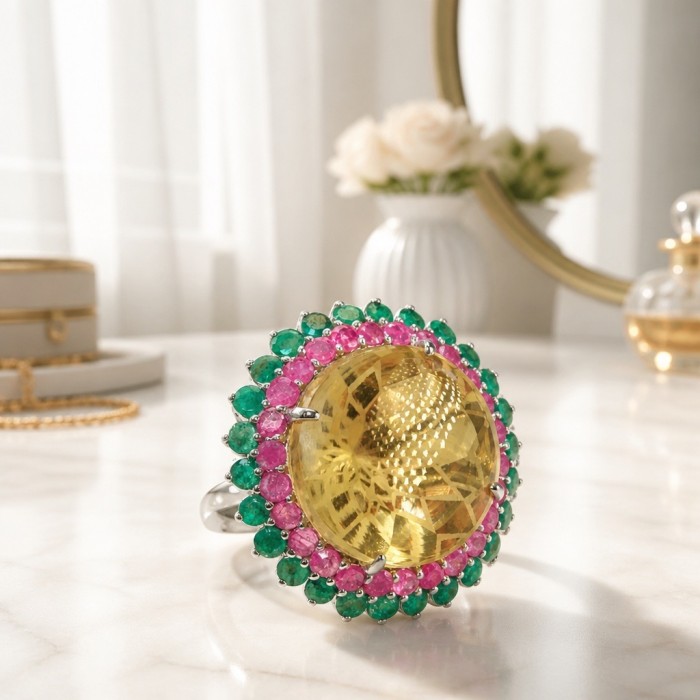 Gabriella 42.6 carat Lemon Quartz Peridot rhodium over .925 Sterling Silver handcrafted Statement ring size 9 - Close-up of Gabriella Lemon Quartz ring with pink and green gemstones.