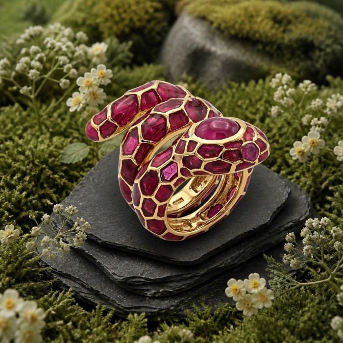 Red Snake Ruby Enamel 18K Gold over 3.5 carat Ruby 22K Gold over .925 Sterling Silver Huge handcrafted Ring s. 6 - Snake ring on slate with floral background, showcasing ruby and gold detail.