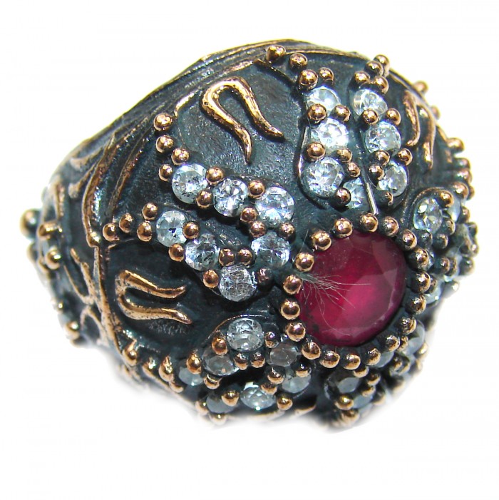 Large Victorian Style created Ruby & White Topaz Sterling Silver ring; s. 6 - photo 1