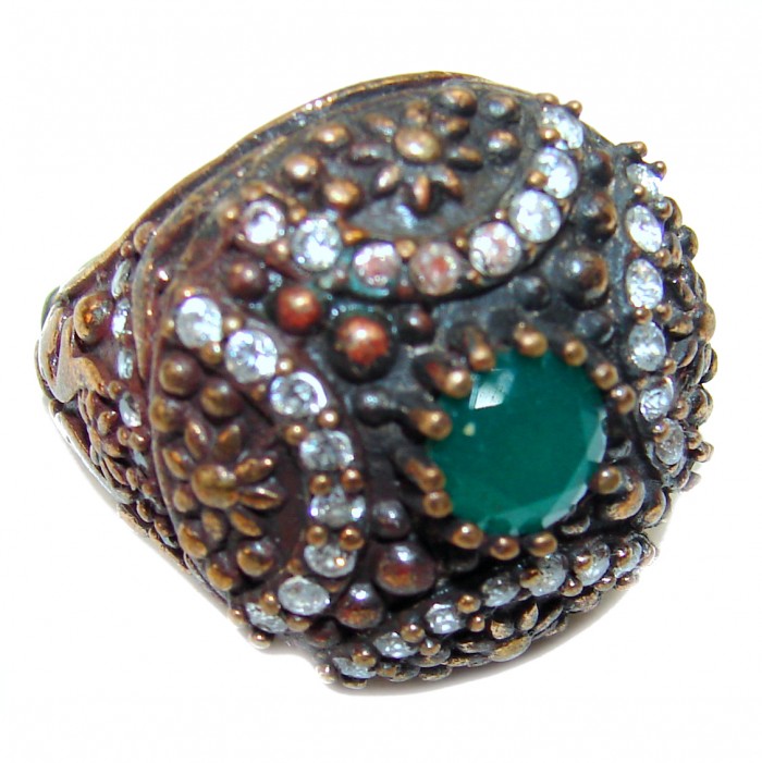 Victorian Style created Emerald & White Topaz Copper over Sterling Silver ring; s. 6 3/4 - photo 1