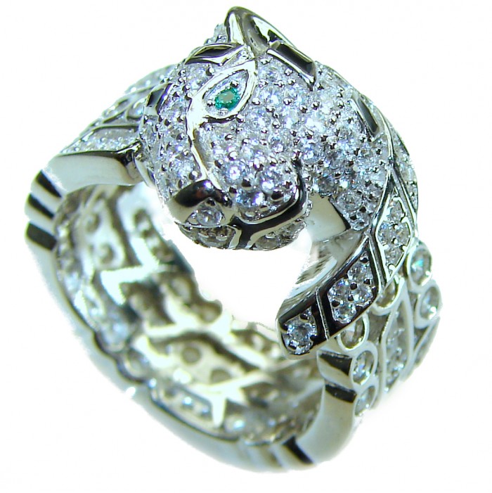 Panthère 4.5 carat Emerald black enamel .925 Sterling Silver handcrafted Statement Ring size 6 - photo 3